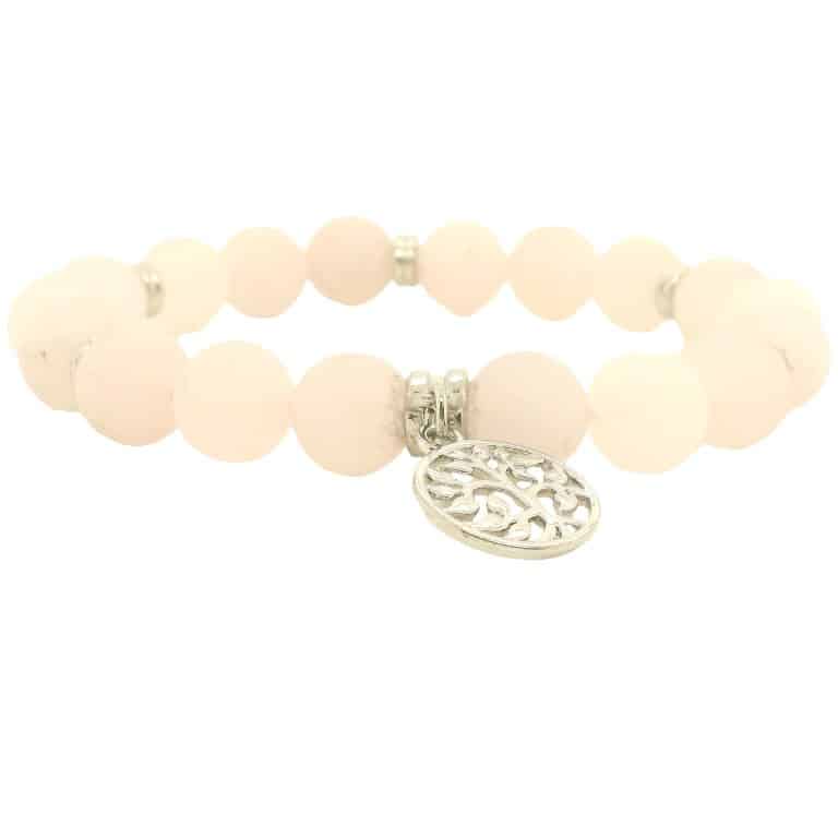 Matt Rose Quartz Bead Tree of Life Charm Bracelet