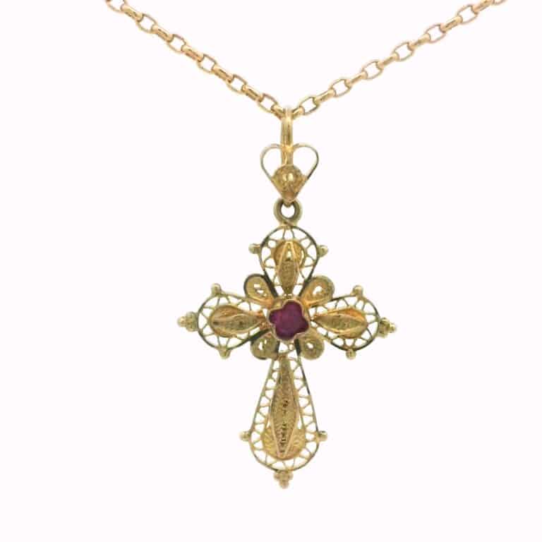 18ct Gold Ornate Ruby Cross Pendant