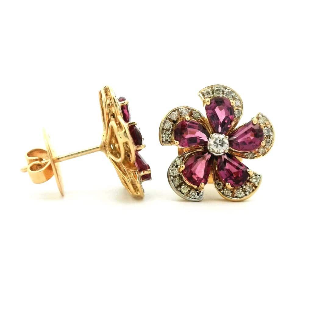 Garnet and Diamond Flower Style Earrings